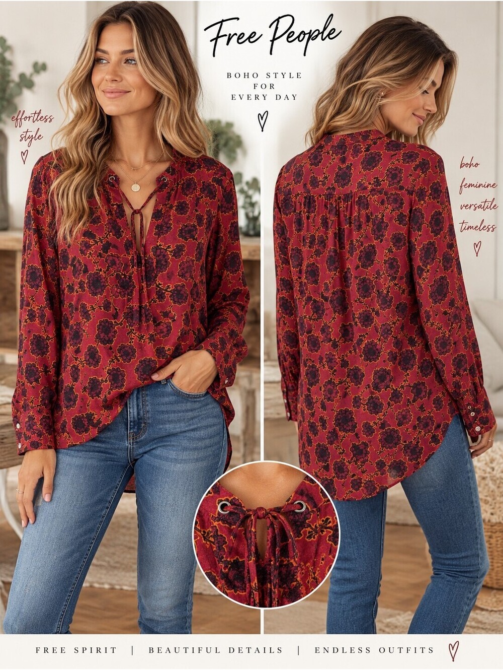 Free People Floral Lace Up Blouse M Red Boho High Low Long Sleeve Tunic Top